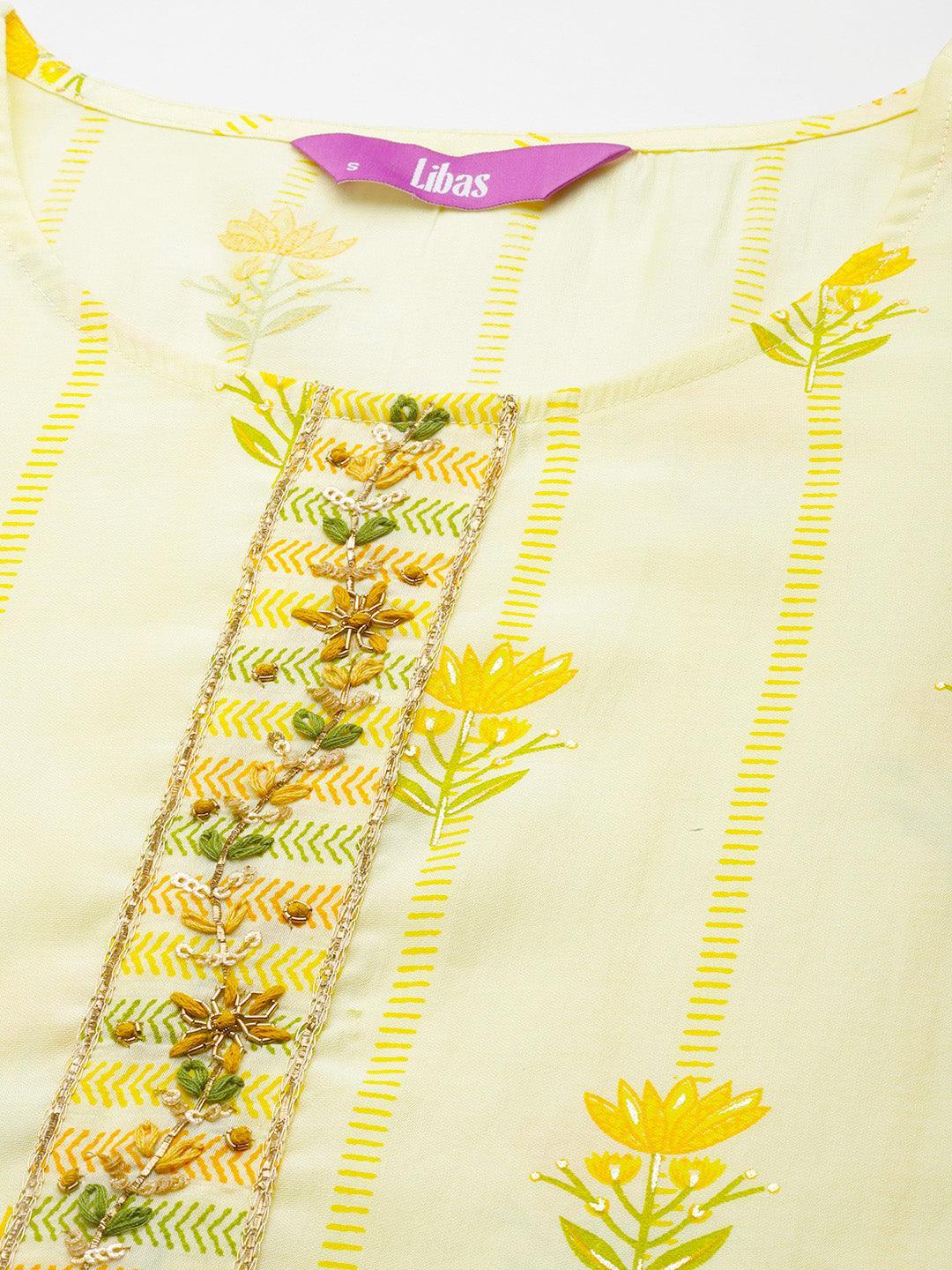 Yellow Printed Silk Blend Straight Suit Set