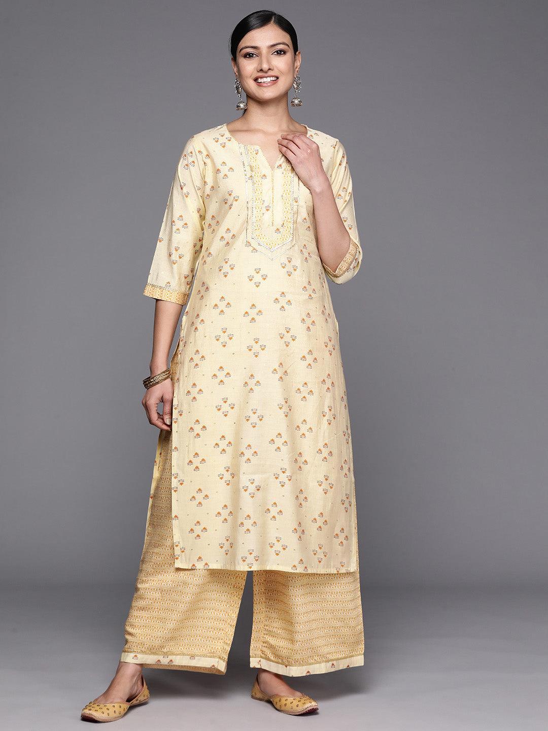 Yellow Printed Silk Blend Straight Kurta Set With Palazzos