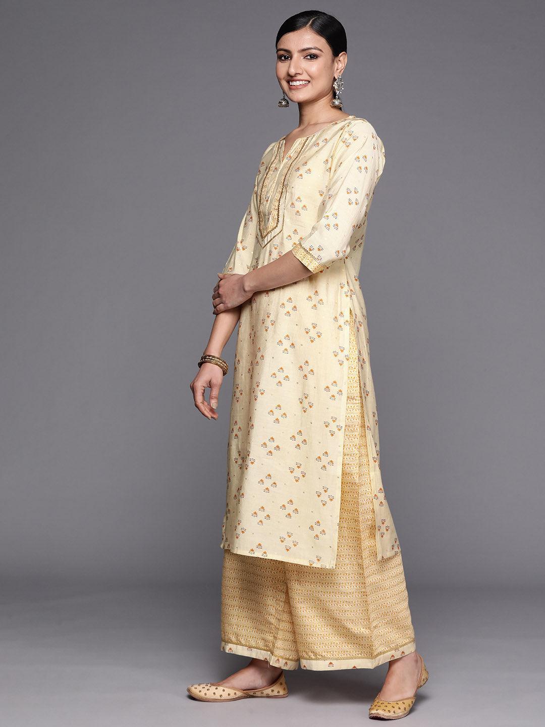 Yellow Printed Silk Blend Straight Kurta Set With Palazzos