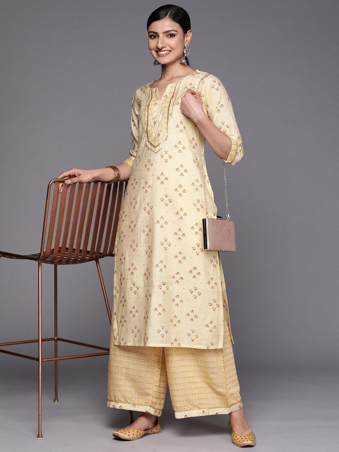 Yellow Printed Silk Blend Straight Kurta Set With Palazzos