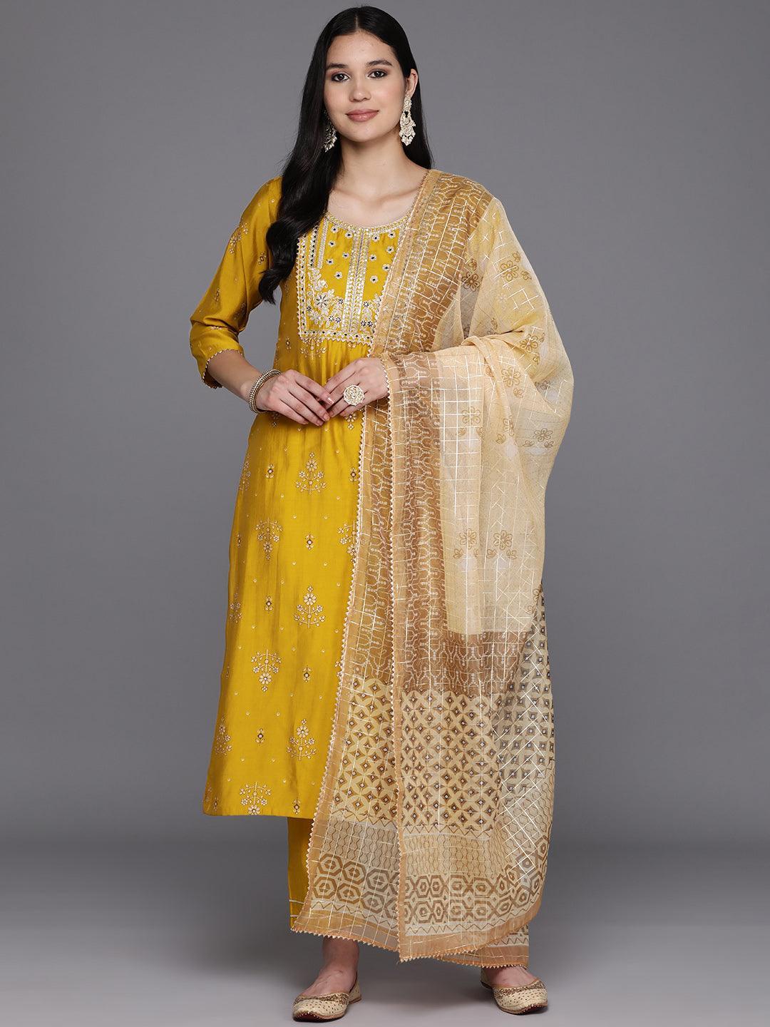 Yellow Printed Silk Blend Straight Kurta With Trousers & Dupatta