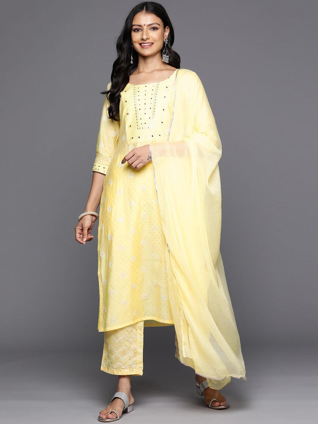 Yellow Printed Silk Blend Straight Kurta With Trousers & Dupatta