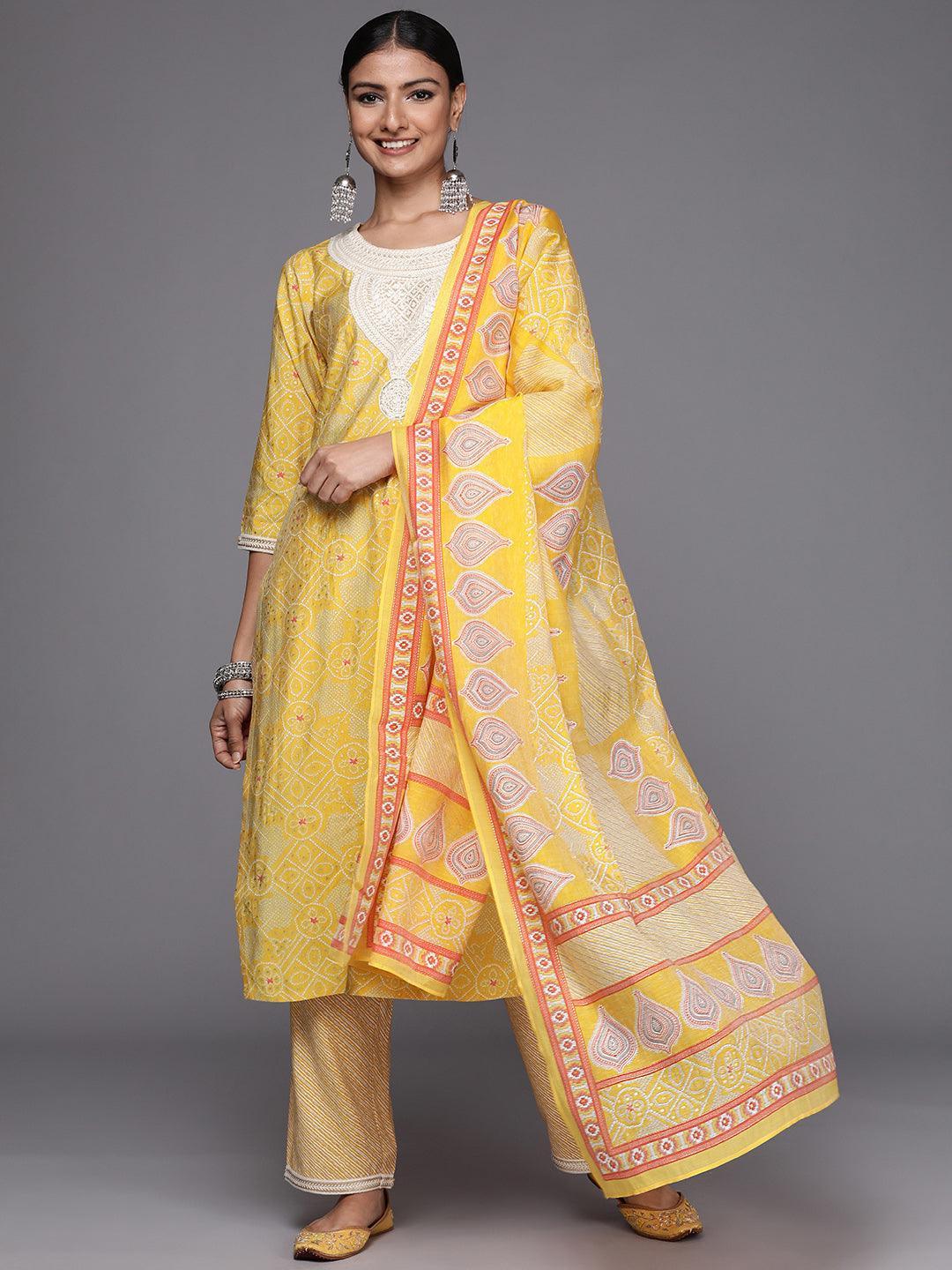 Yellow Printed Silk Blend Straight Suit Set