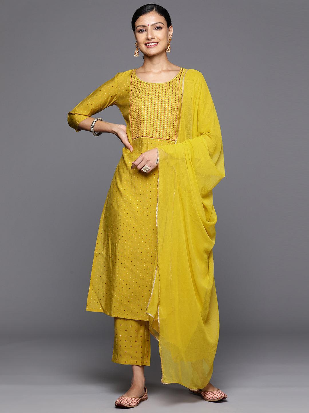 Yellow Printed Silk Blend Straight Kurta With Trousers & Dupatta - Libas