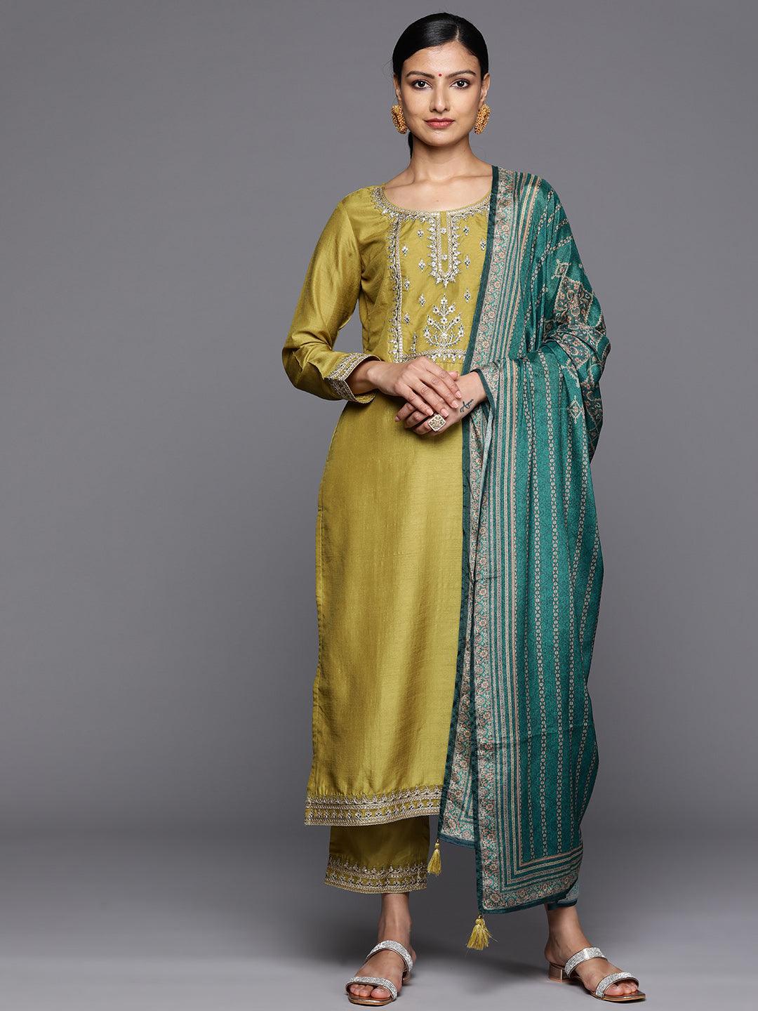 Yellow Printed Silk Blend Straight Kurta With Trousers & Dupatta