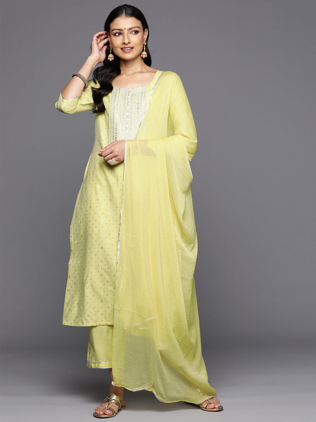 Yellow Printed Silk Blend Straight Kurta With Trousers & Dupatta