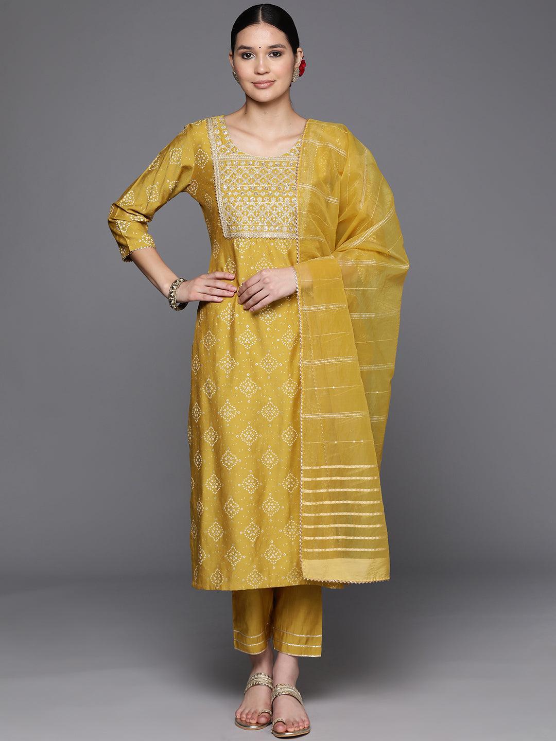 Yellow Printed Silk Blend Straight Kurta With Trousers & Dupatta