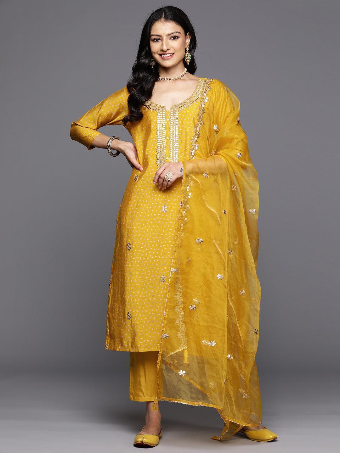 Yellow Printed Silk Blend Straight Kurta With Trousers & Dupatta