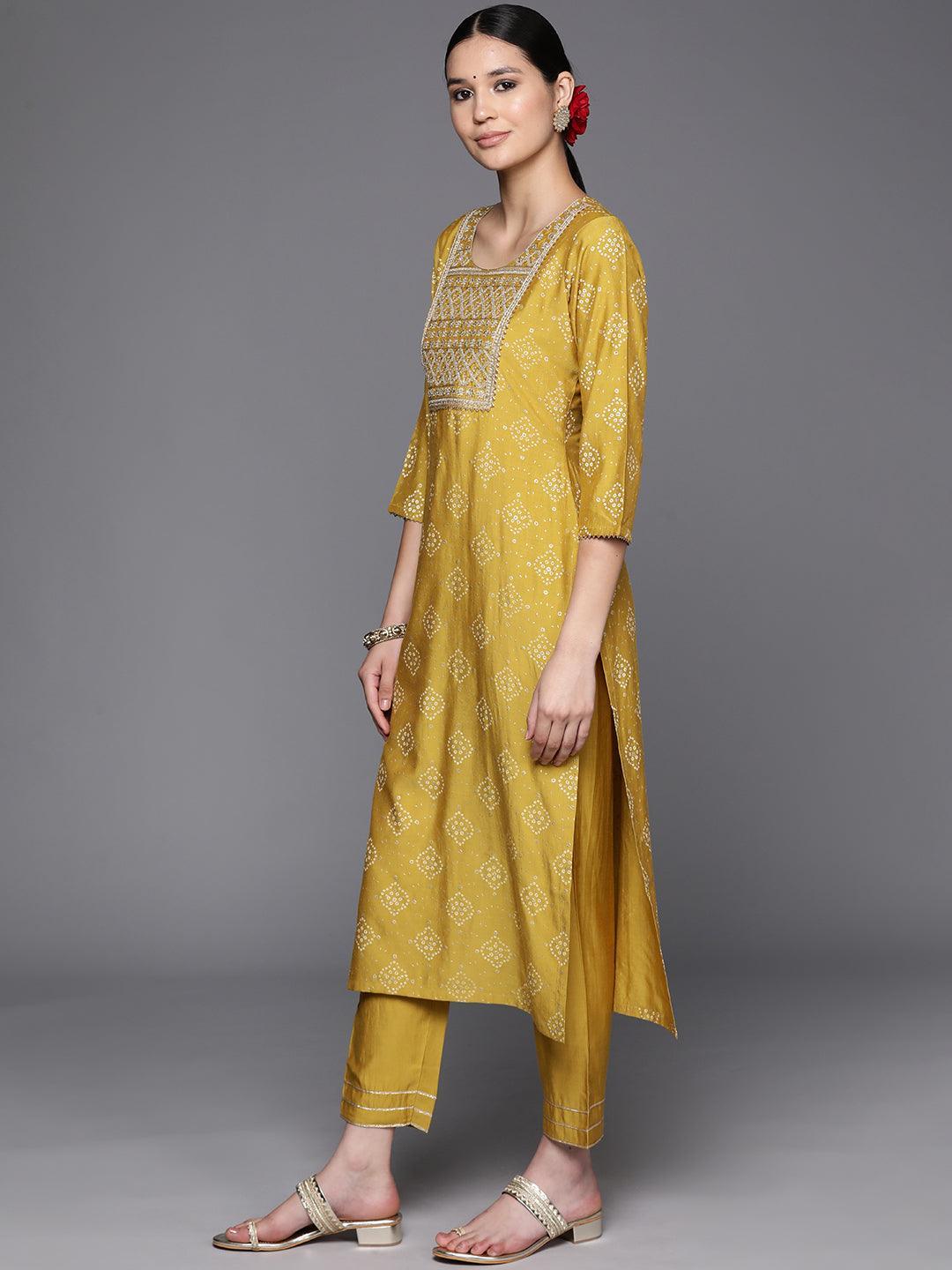 Yellow Printed Silk Blend Straight Kurta With Trousers & Dupatta