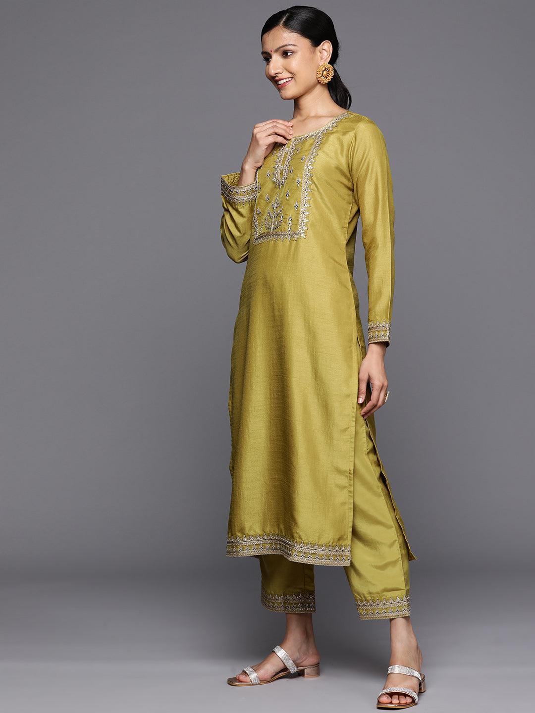 Yellow Printed Silk Blend Straight Kurta With Trousers & Dupatta