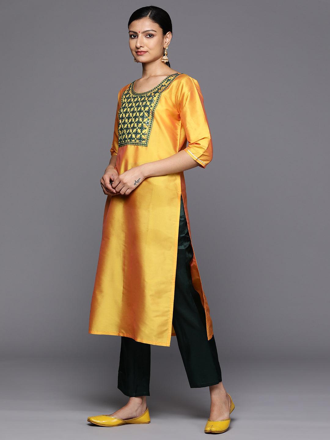 Yellow Printed Silk Blend Straight Kurta With Trousers & Dupatta