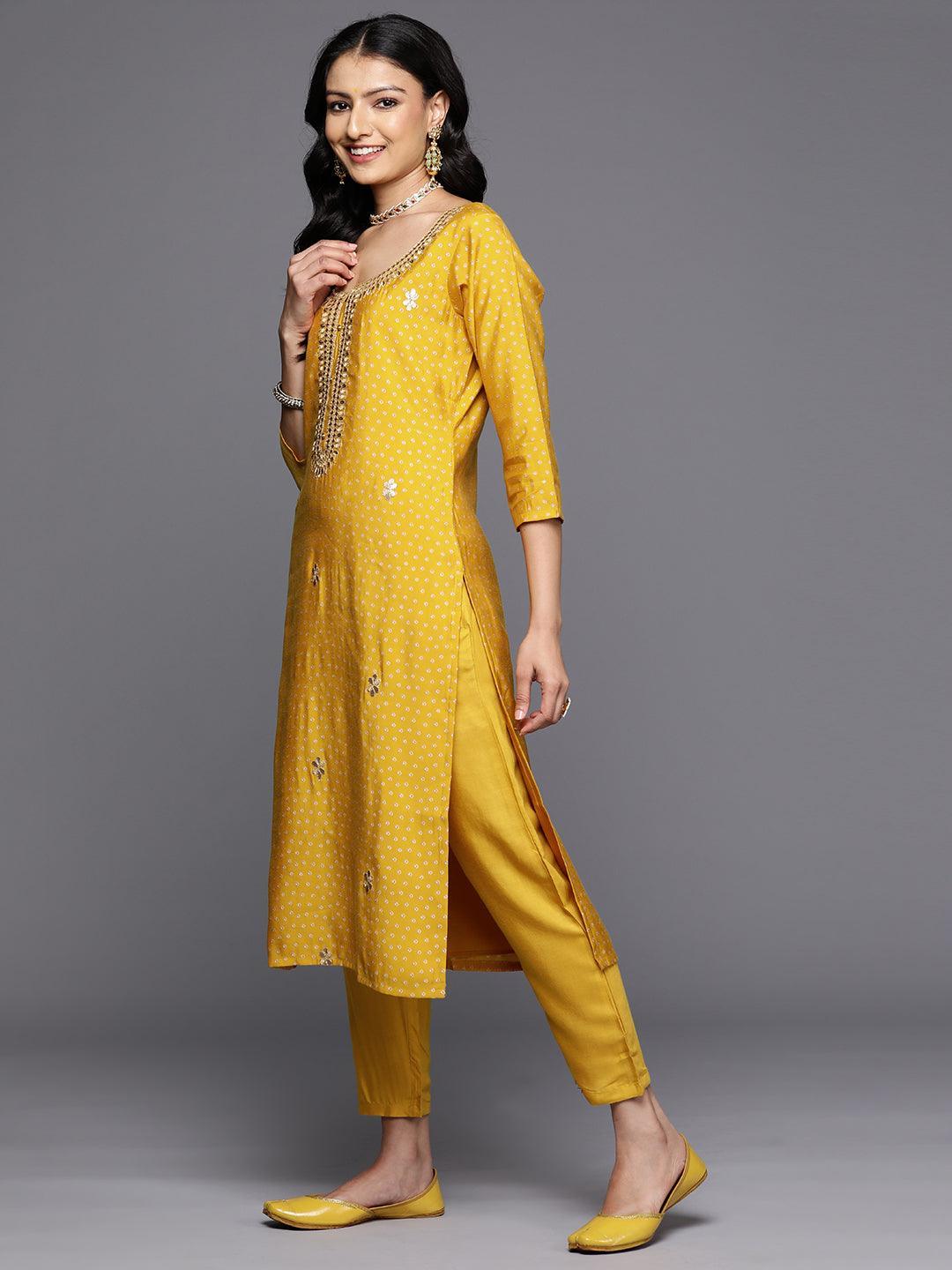 Yellow Printed Silk Blend Straight Kurta With Trousers & Dupatta