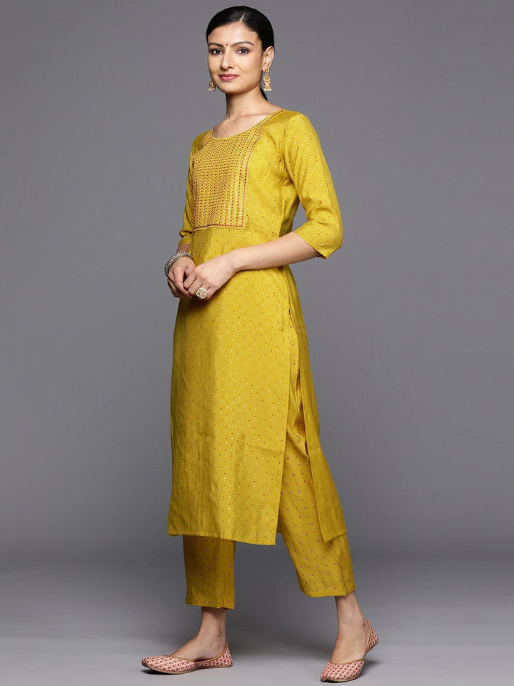 Yellow Printed Silk Blend Straight Kurta With Trousers & Dupatta - Libas