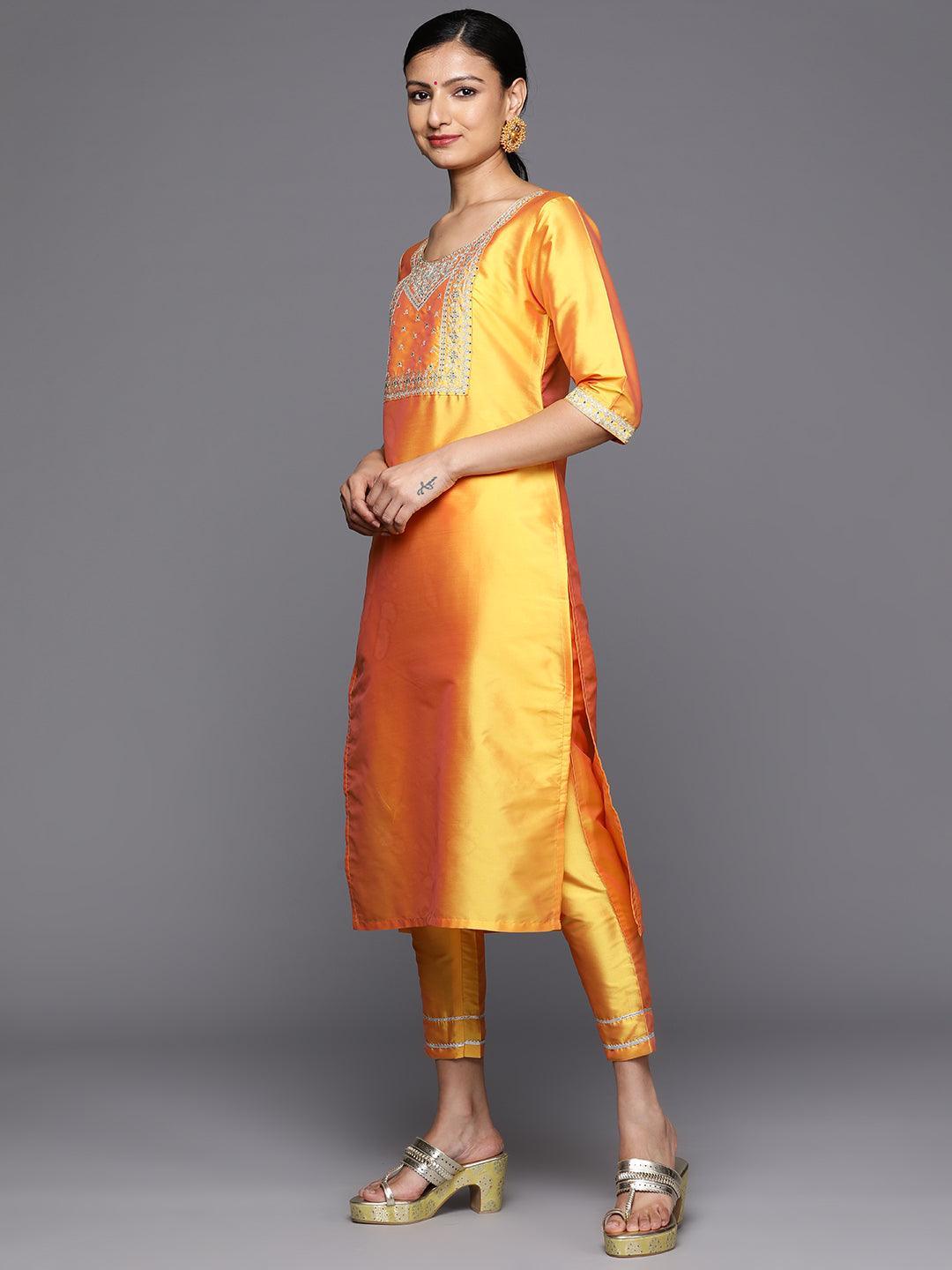 Yellow Printed Silk Blend Straight Kurta With Trousers & Dupatta