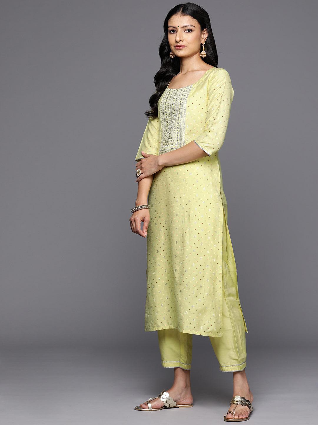 Yellow Printed Silk Blend Straight Kurta With Trousers & Dupatta