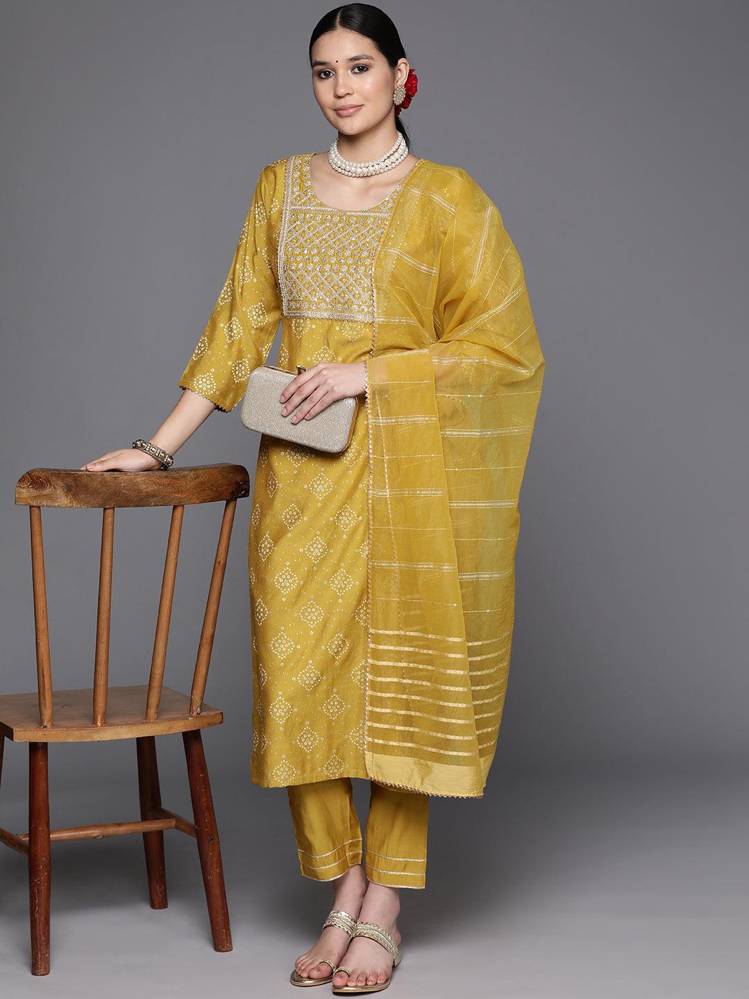 Yellow Printed Silk Blend Straight Kurta With Trousers & Dupatta