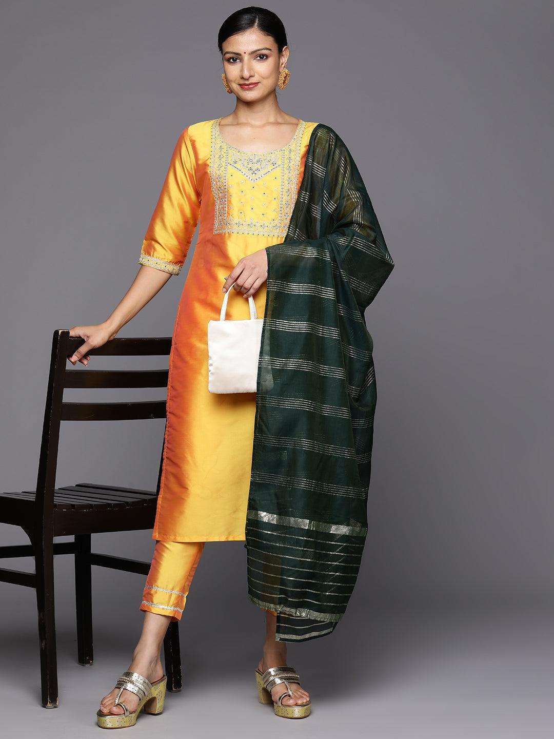 Yellow Printed Silk Blend Straight Kurta With Trousers & Dupatta