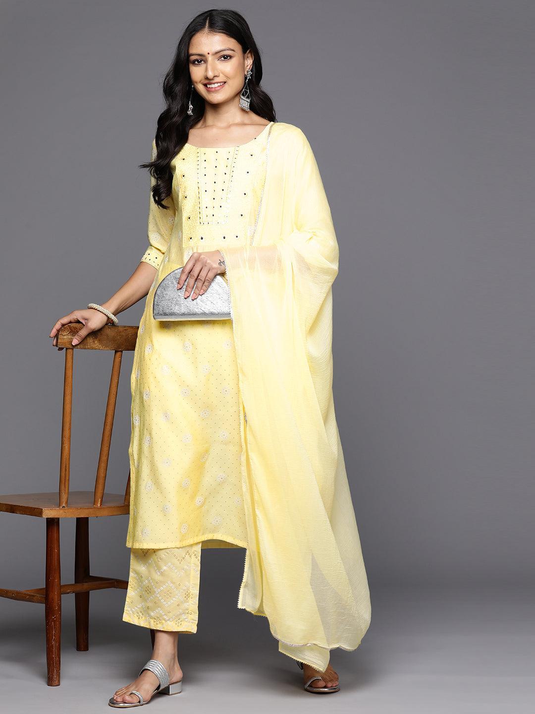 Yellow Printed Silk Blend Straight Kurta With Trousers & Dupatta