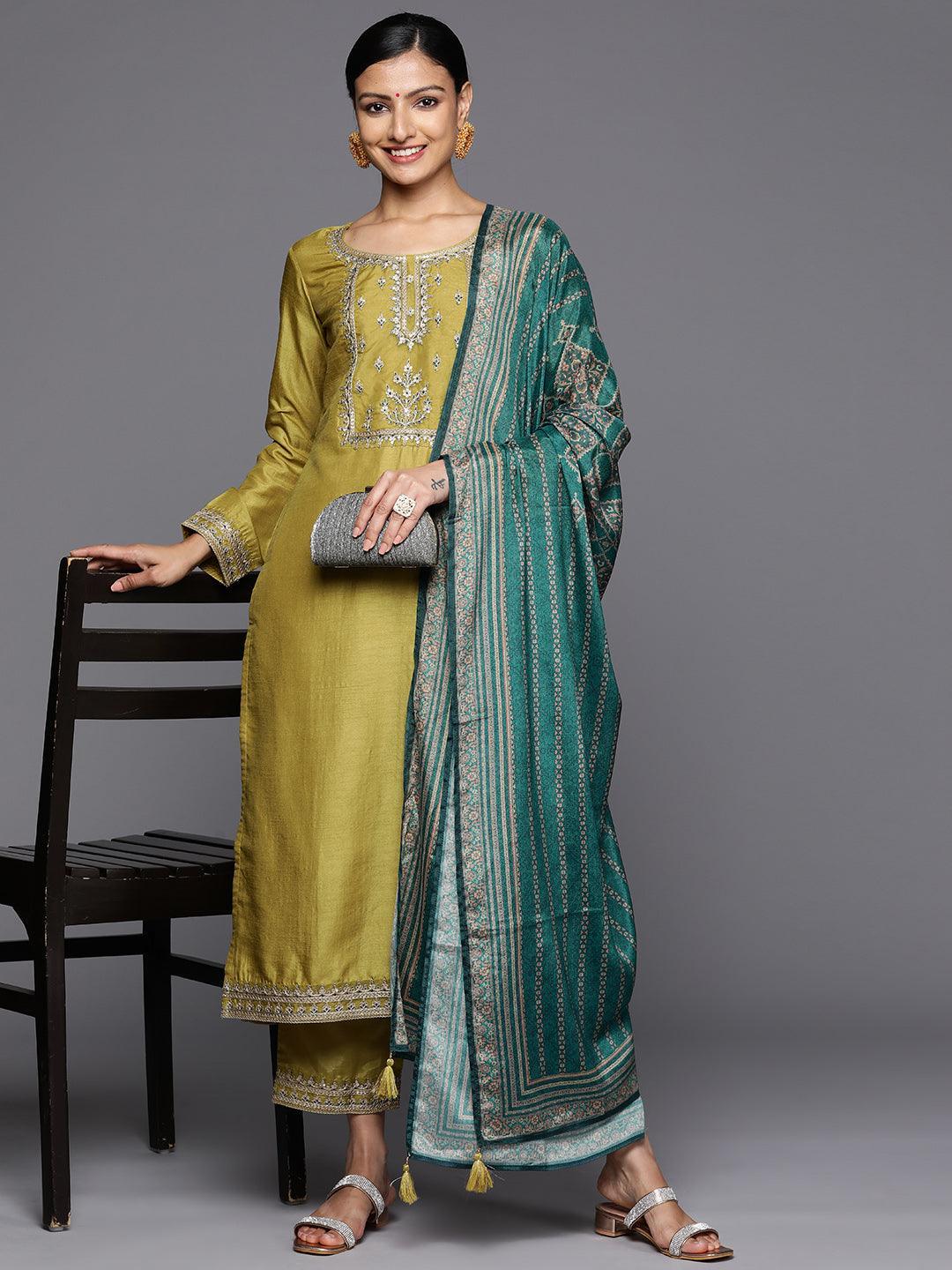 Yellow Printed Silk Blend Straight Kurta With Trousers & Dupatta