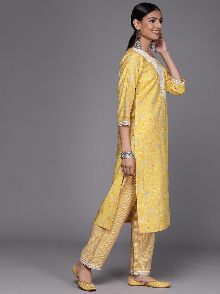 Yellow Printed Silk Blend Straight Suit Set - ShopLibas