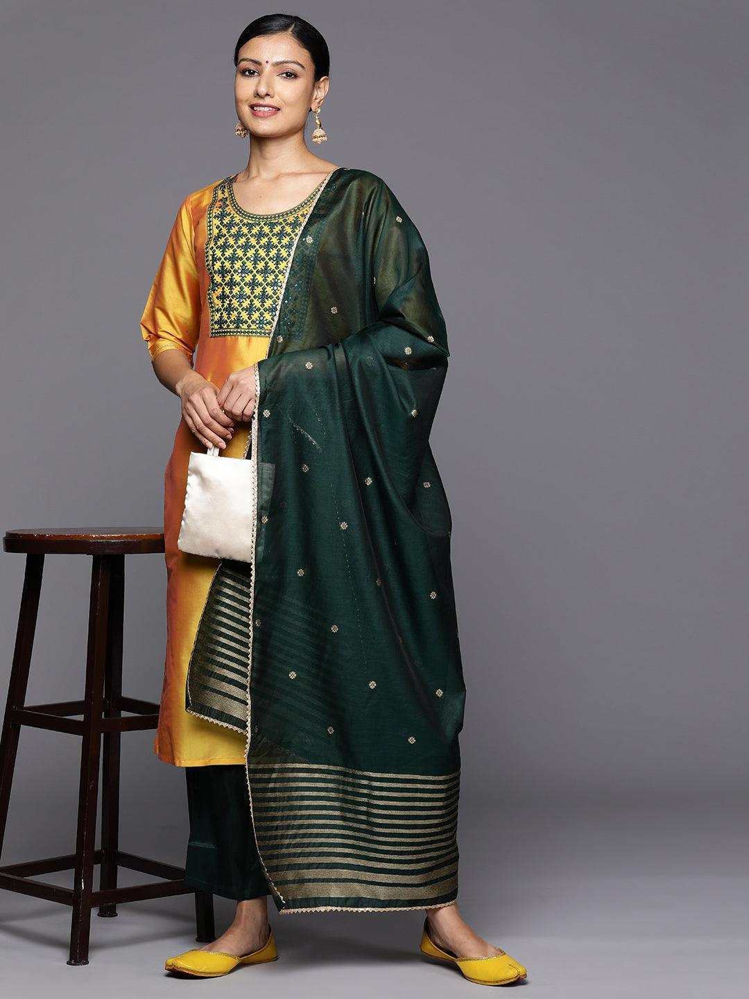 Yellow Printed Silk Blend Straight Kurta With Trousers & Dupatta