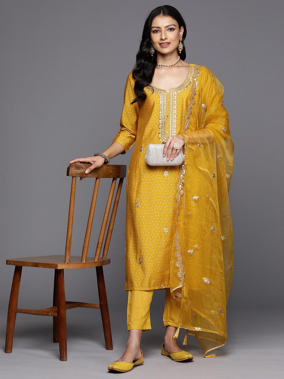 Yellow Printed Silk Blend Straight Kurta With Trousers & Dupatta