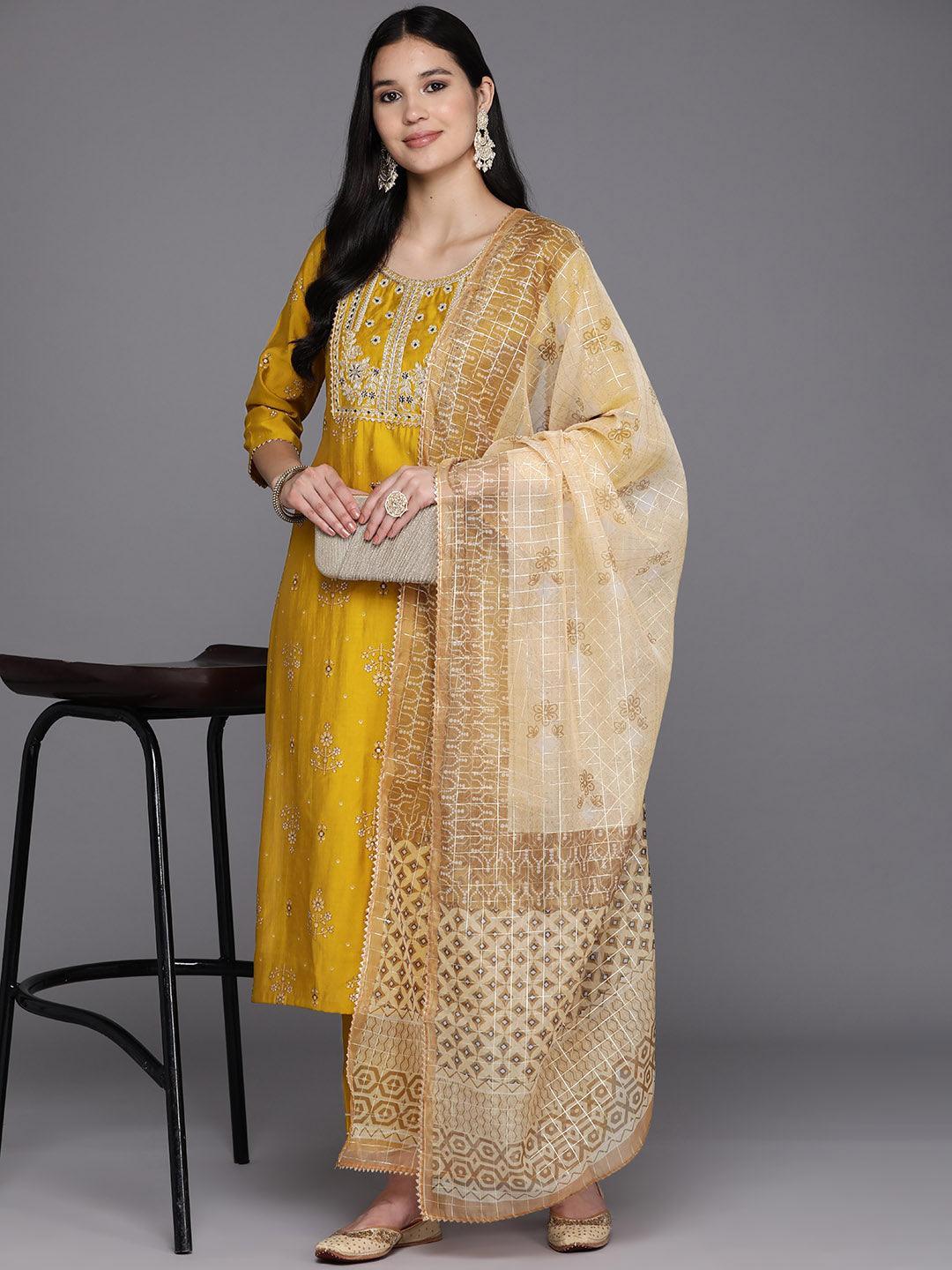 Yellow Printed Silk Blend Straight Kurta With Trousers & Dupatta