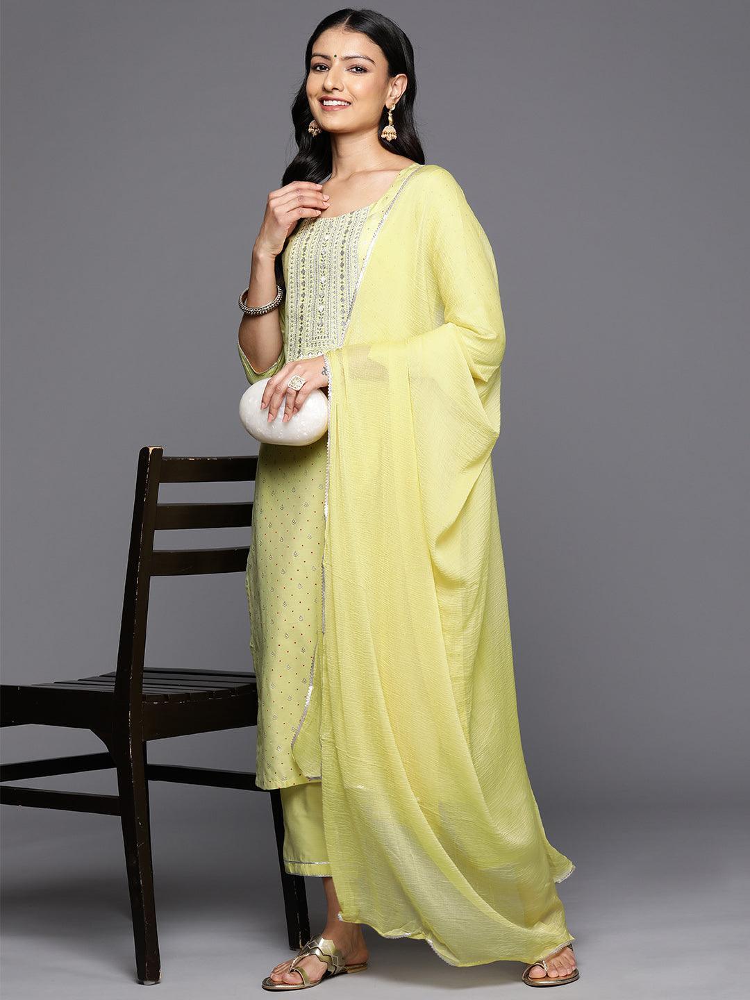 Yellow Printed Silk Blend Straight Kurta With Trousers & Dupatta