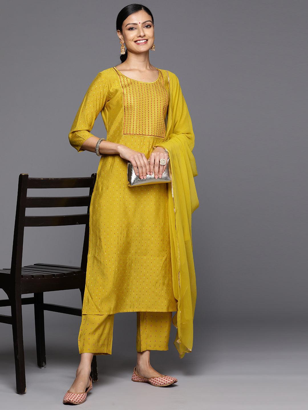 Yellow Printed Silk Blend Straight Kurta With Trousers & Dupatta - Libas