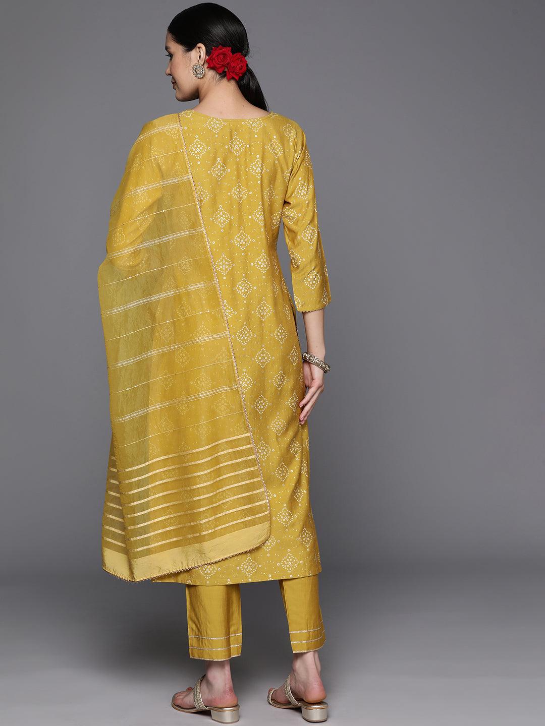 Yellow Printed Silk Blend Straight Kurta With Trousers & Dupatta