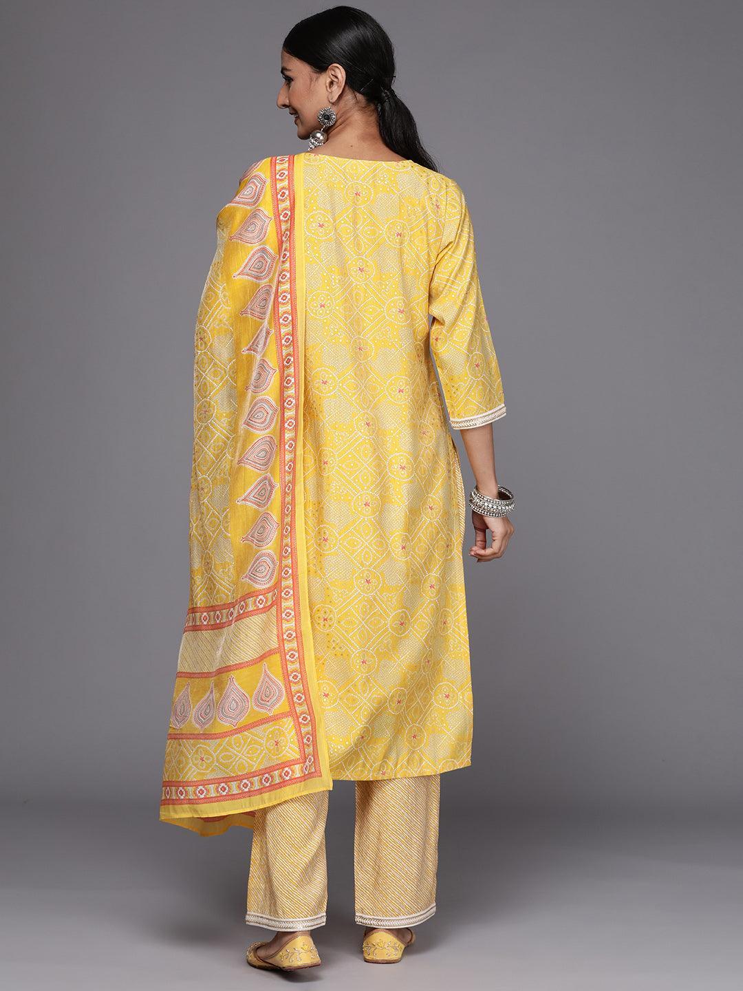 Yellow Printed Silk Blend Straight Suit Set