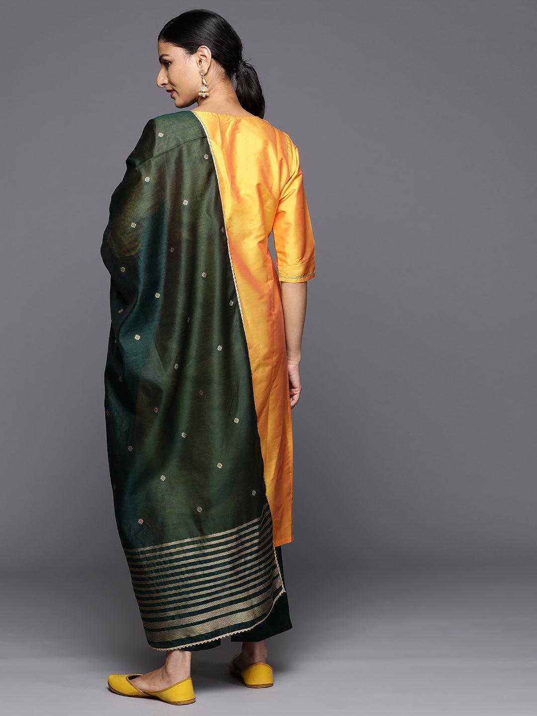 Yellow Printed Silk Blend Straight Kurta With Trousers & Dupatta