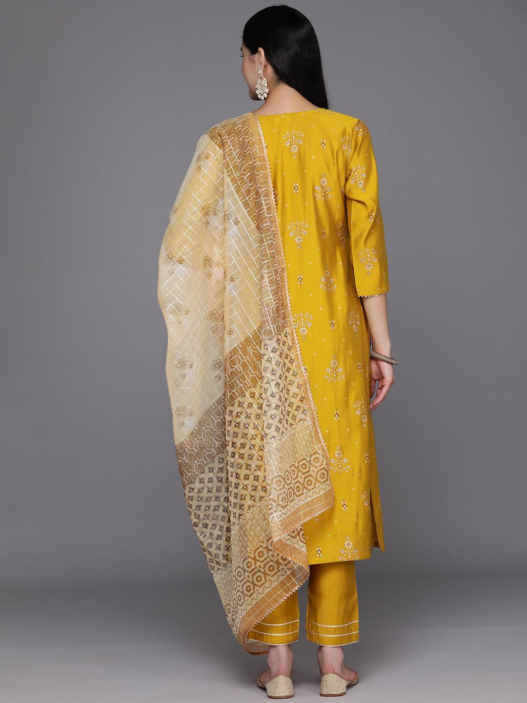 Yellow Printed Silk Blend Straight Kurta With Trousers & Dupatta