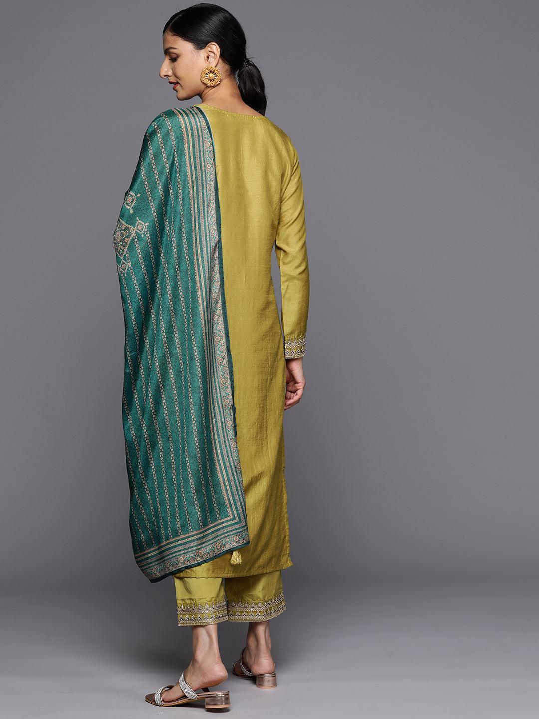 Yellow Printed Silk Blend Straight Kurta With Trousers & Dupatta