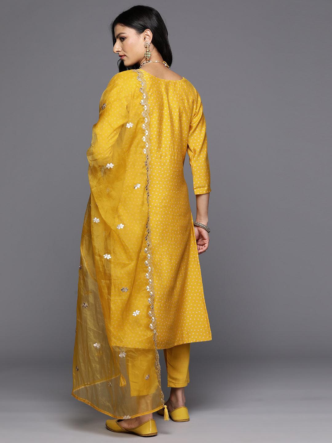 Yellow Printed Silk Blend Straight Kurta With Trousers & Dupatta