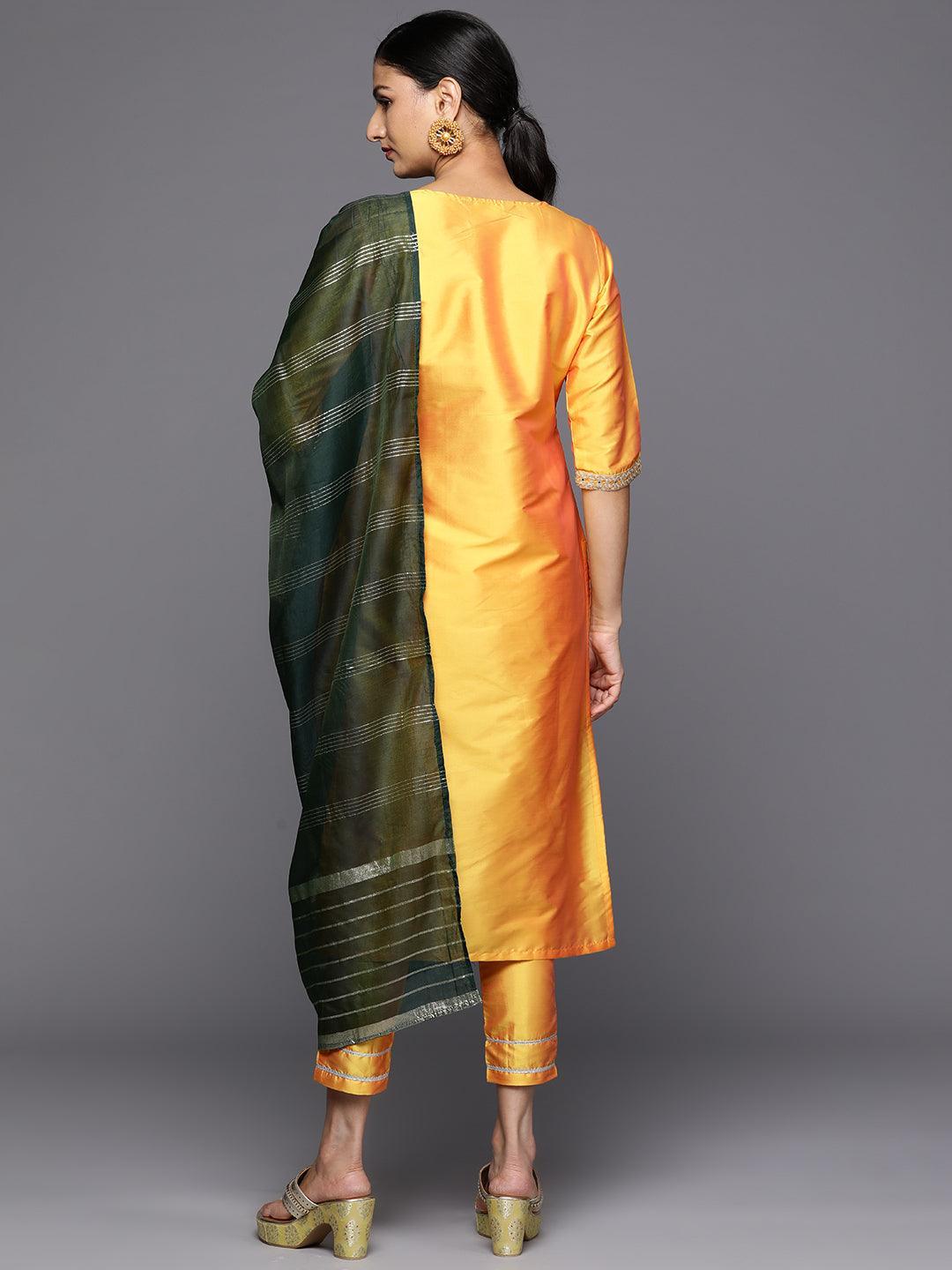 Yellow Printed Silk Blend Straight Kurta With Trousers & Dupatta