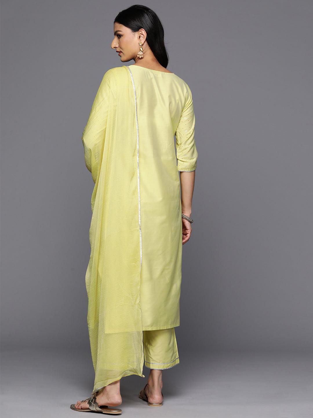 Yellow Printed Silk Blend Straight Kurta With Trousers & Dupatta