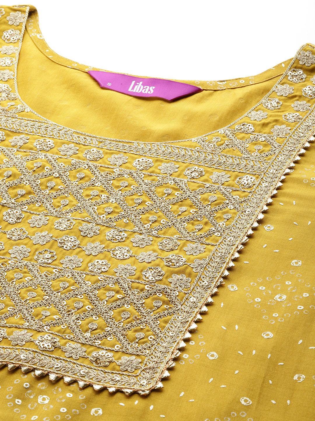 Yellow Printed Silk Blend Straight Kurta With Trousers & Dupatta