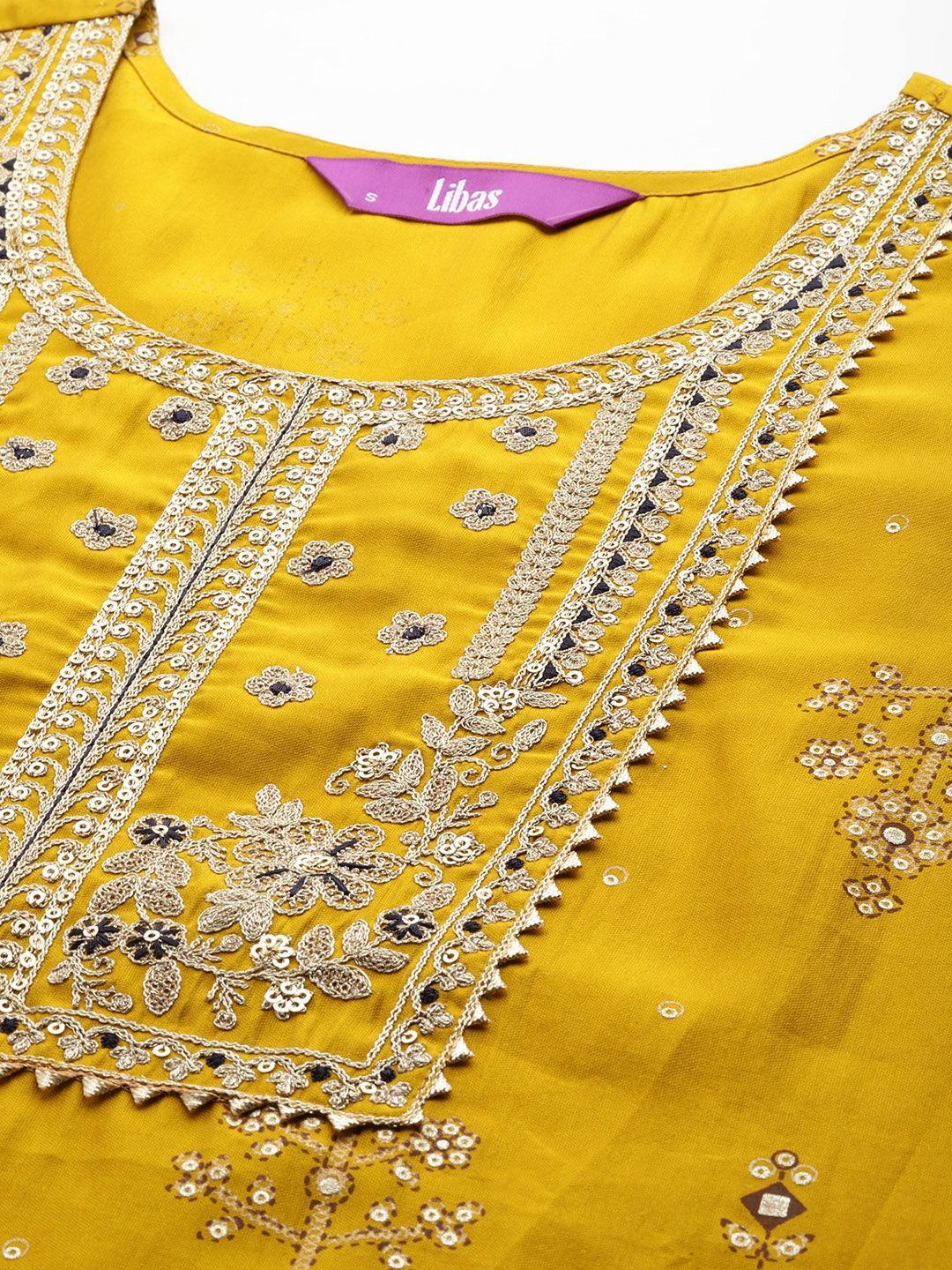 Yellow Printed Silk Blend Straight Kurta With Trousers & Dupatta