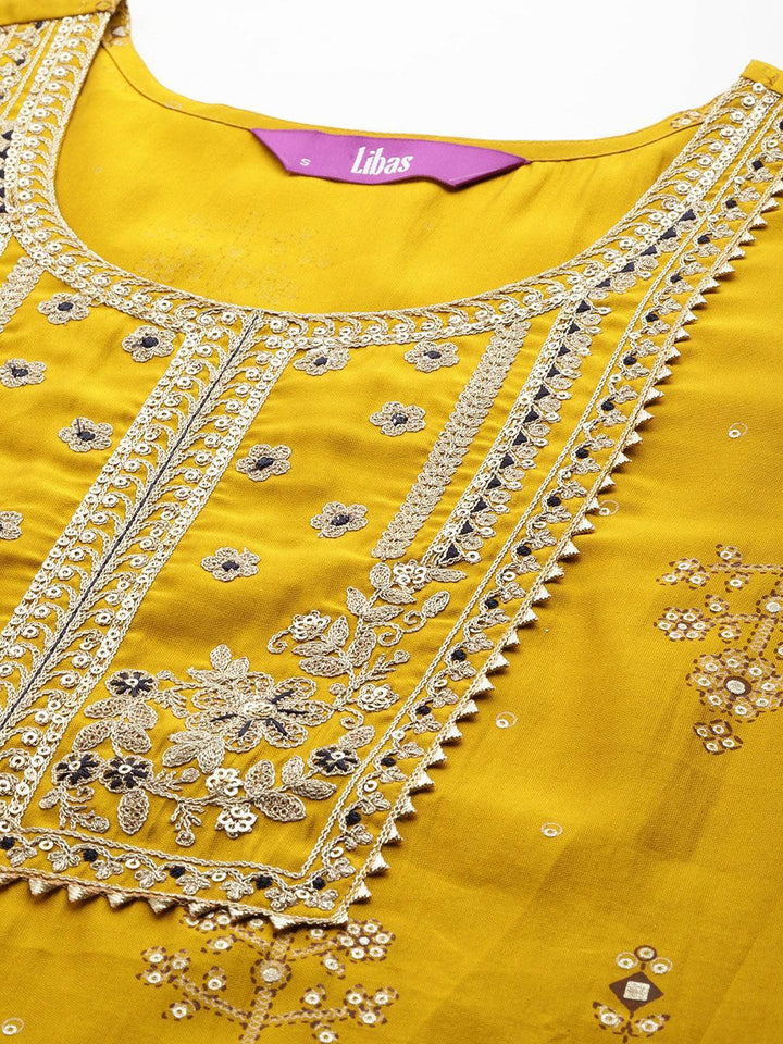 Yellow Printed Silk Blend Straight Kurta With Trousers & Dupatta - Libas