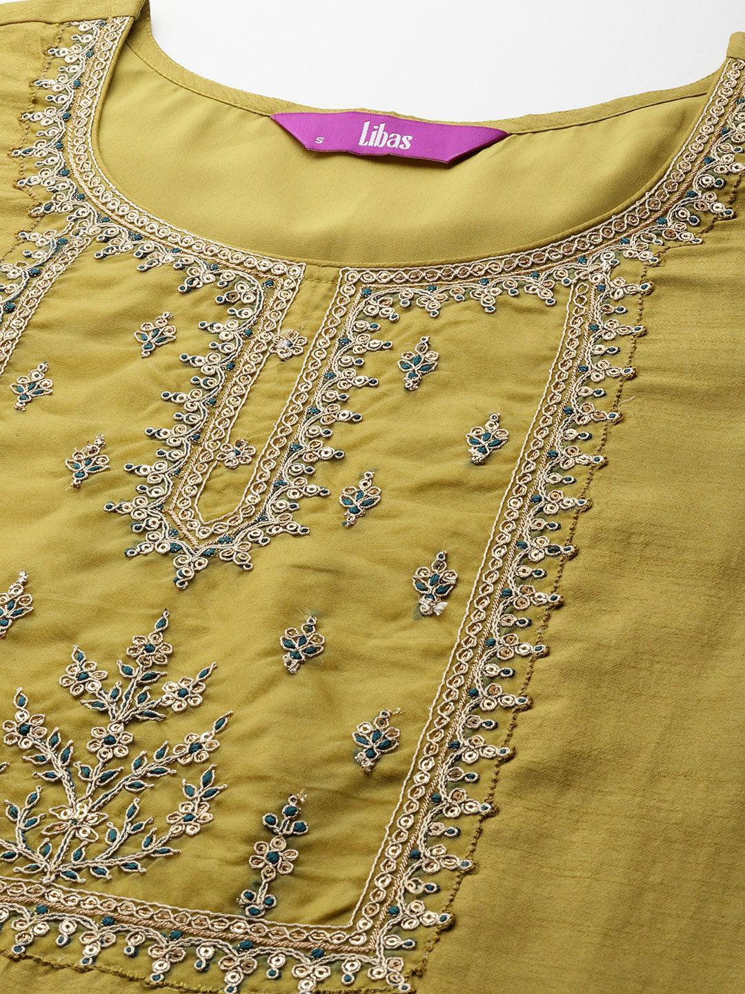 Yellow Printed Silk Blend Straight Kurta With Trousers & Dupatta - Libas