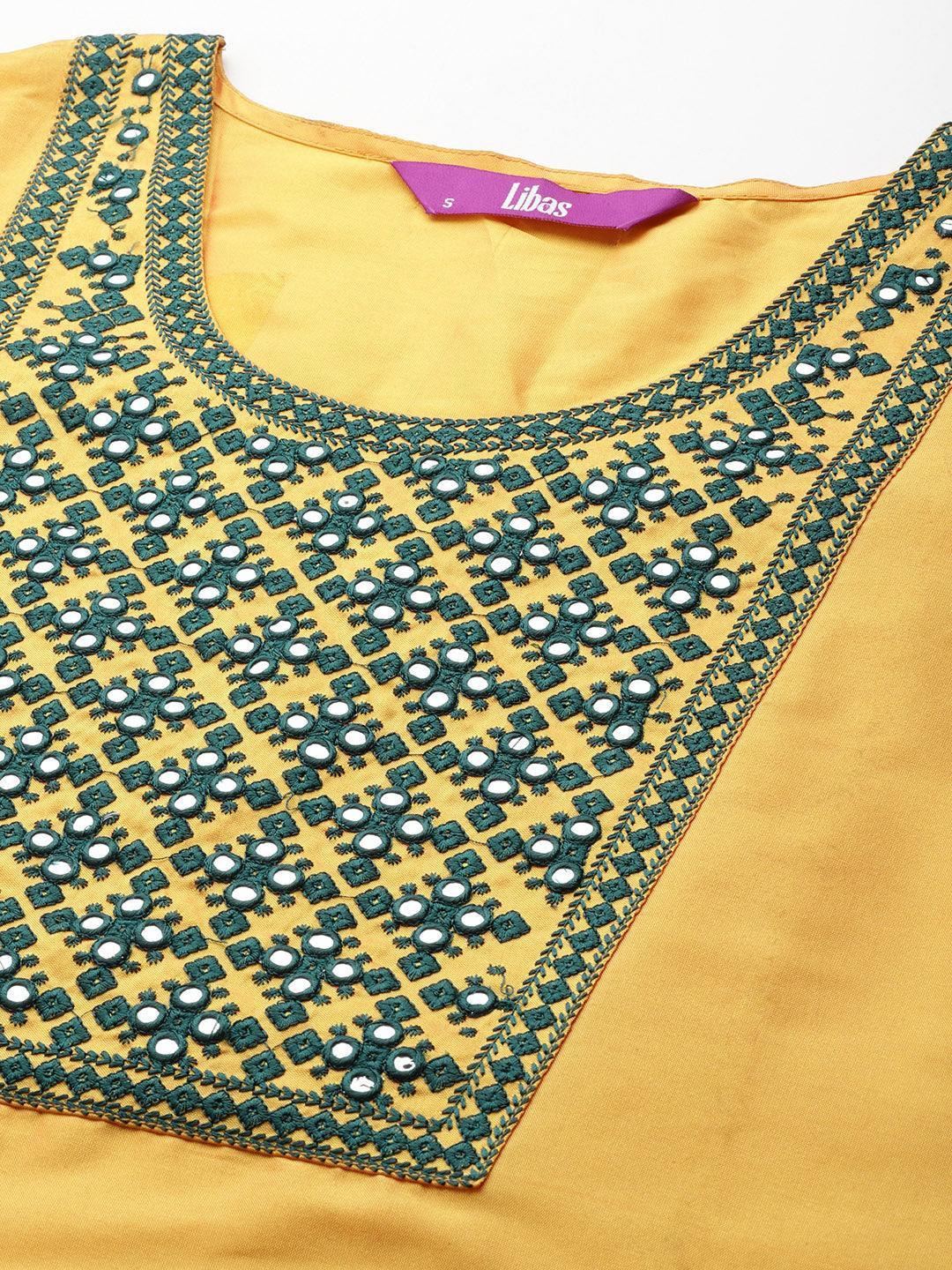 Yellow Printed Silk Blend Straight Kurta With Trousers & Dupatta