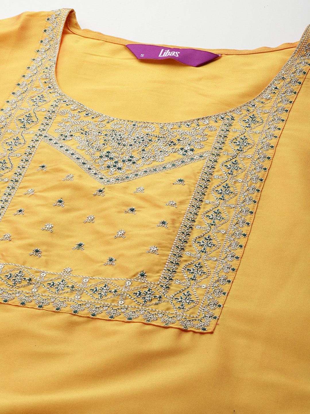 Yellow Printed Silk Blend Straight Kurta With Trousers & Dupatta