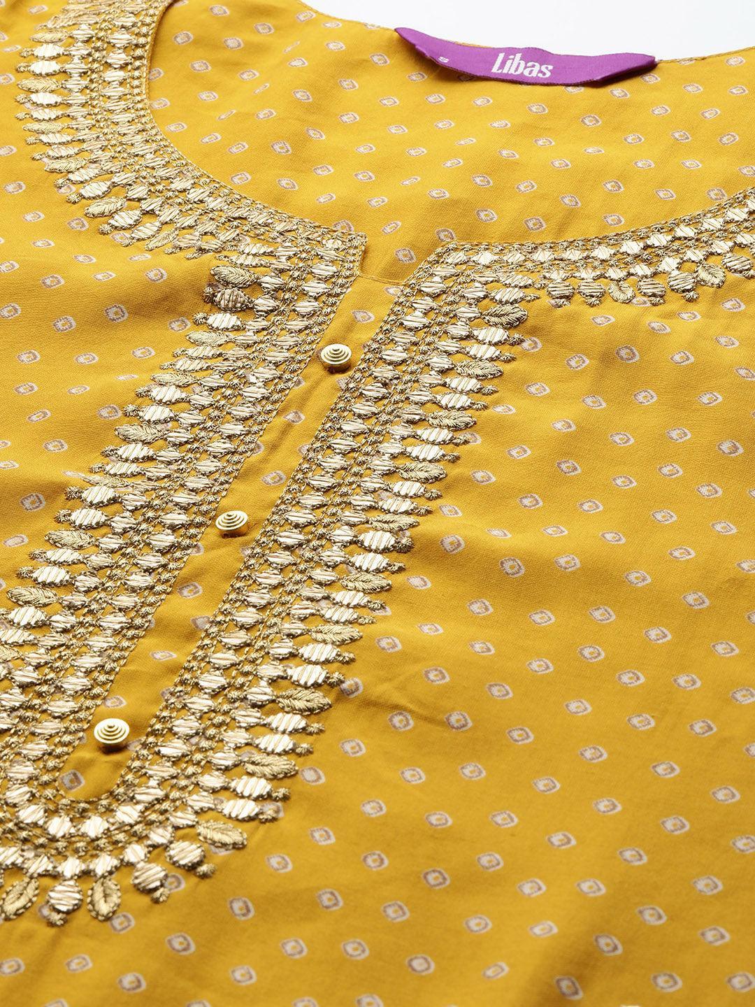 Yellow Printed Silk Blend Straight Kurta With Trousers & Dupatta