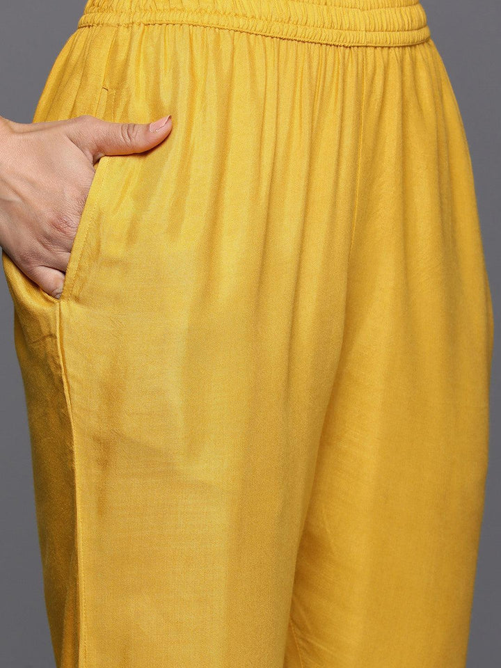 Yellow Printed Silk Blend Straight Kurta With Trousers & Dupatta - Libas