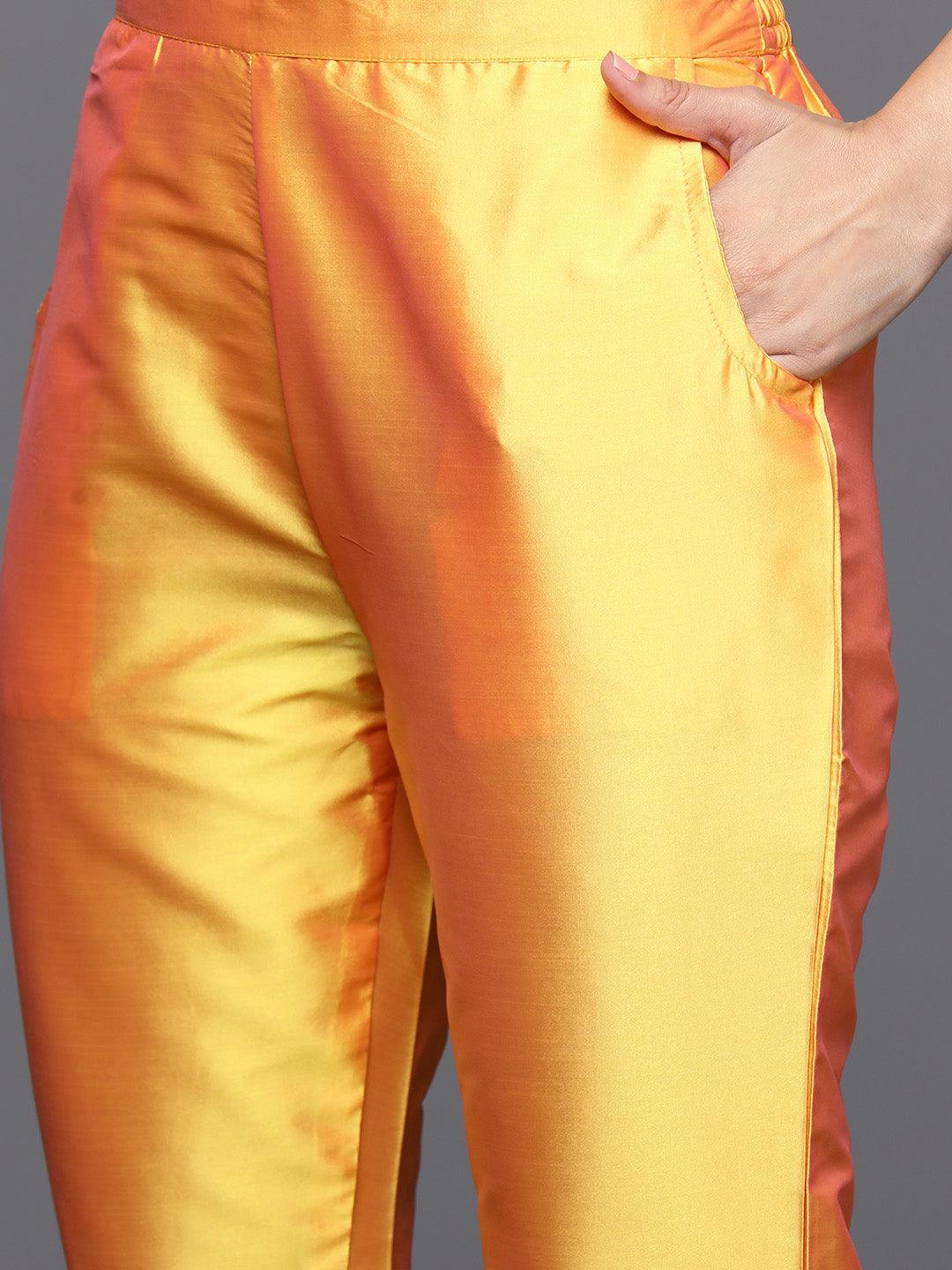 Yellow Printed Silk Blend Straight Kurta With Trousers & Dupatta