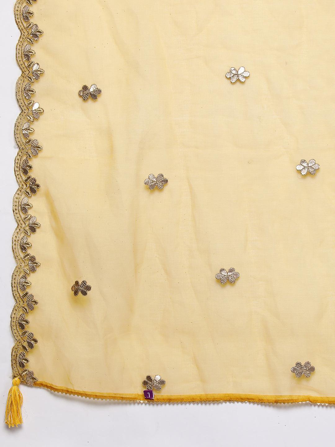 Yellow Printed Silk Blend Straight Kurta With Trousers & Dupatta