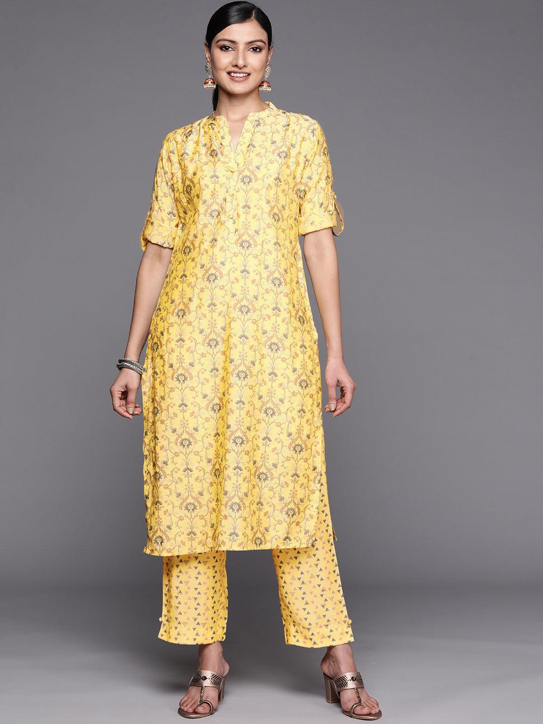 Yellow Printed Silk Blend Straight Kurta Set With Trousers - ShopLibas