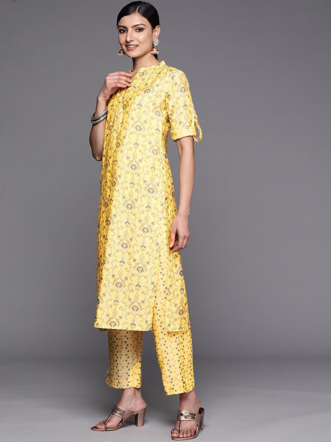 Yellow Printed Silk Blend Straight Kurta Set With Trousers - ShopLibas