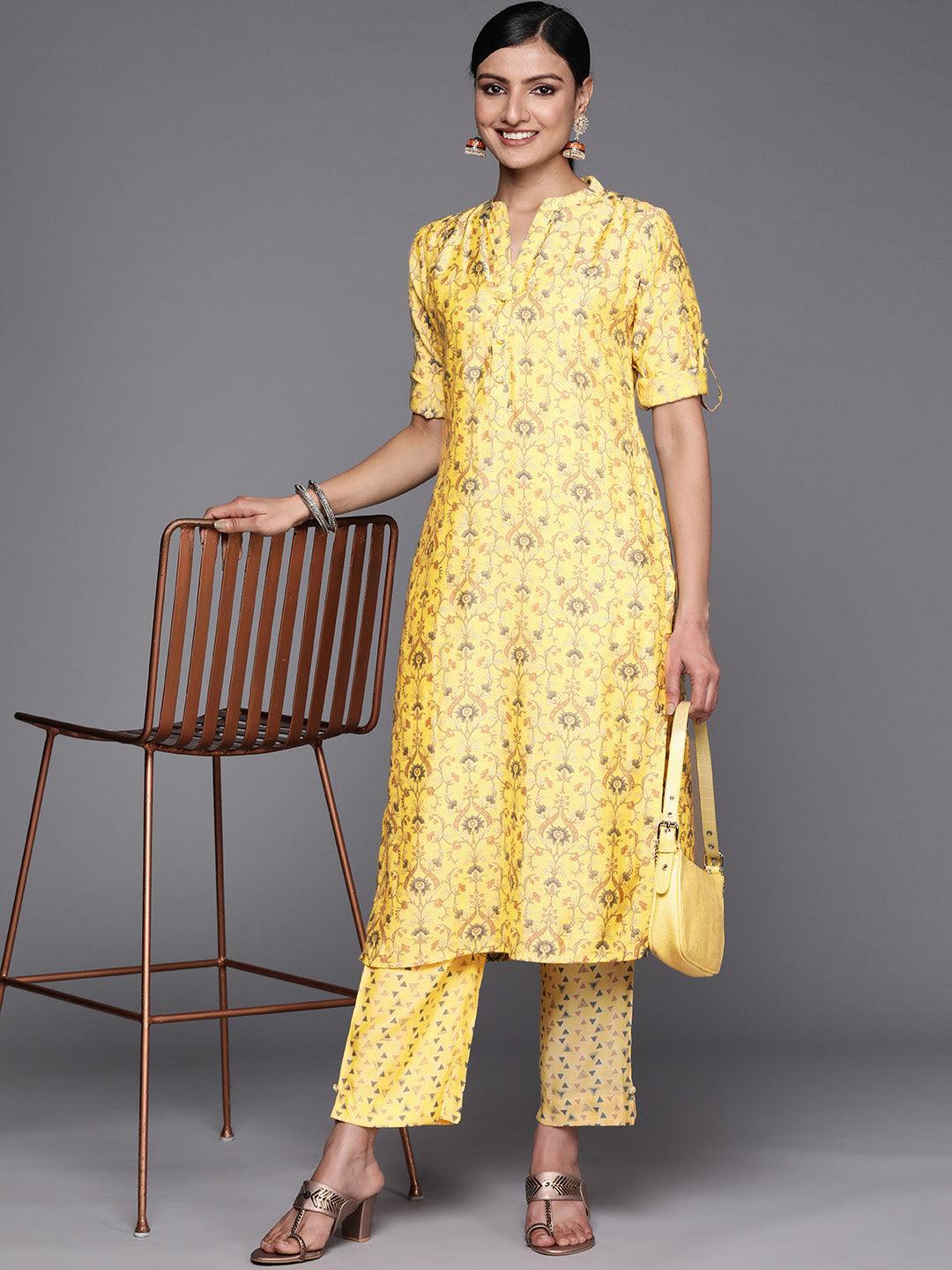 Yellow Printed Silk Blend Straight Kurta Set With Trousers - ShopLibas